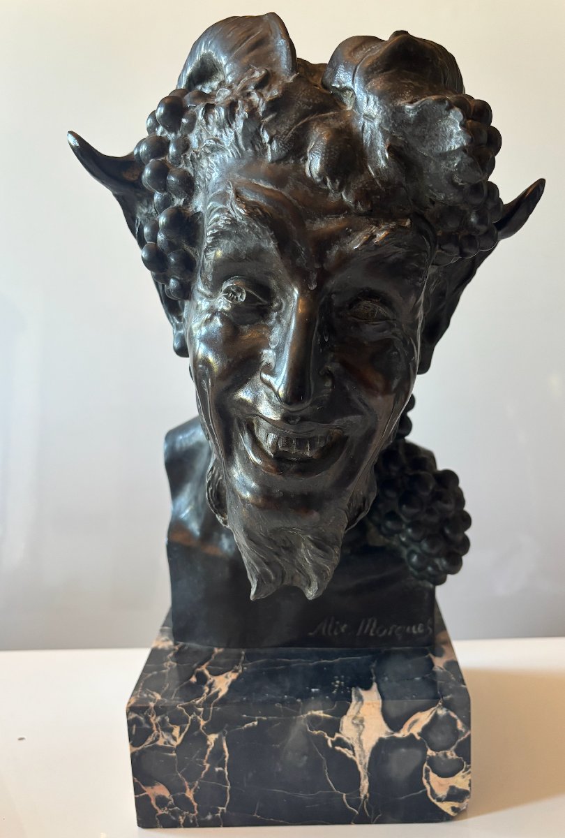Alix Marquet (1875–1939). Large Bronze Head Of A Faun. Signed. Height: 38 Cm-photo-4