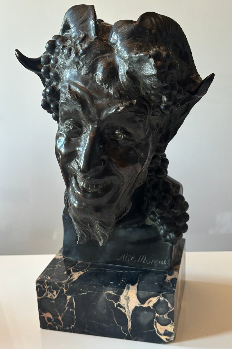 Alix Marquet (1875–1939). Large Bronze Head Of A Faun. Signed. Height: 38 Cm-photo-1
