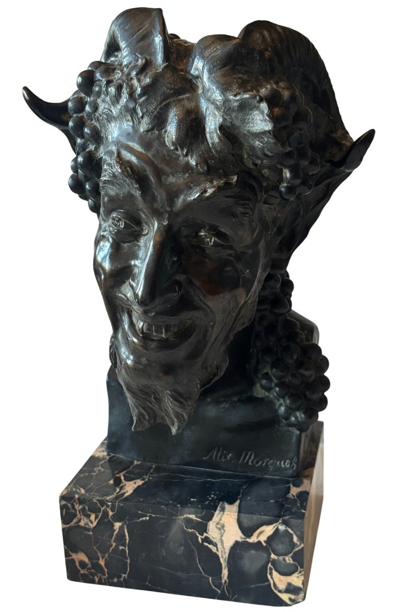 Alix Marquet (1875–1939). Large Bronze Head Of A Faun. Signed. Height: 38 Cm