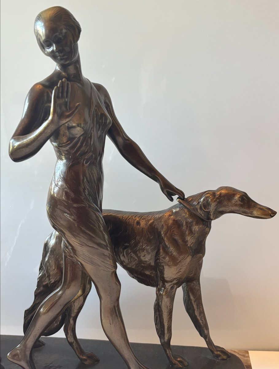 Riché, Louis (1877–1949) Art Deco Bronze Sculpture. Woman With Greyhounds. Signed-photo-2