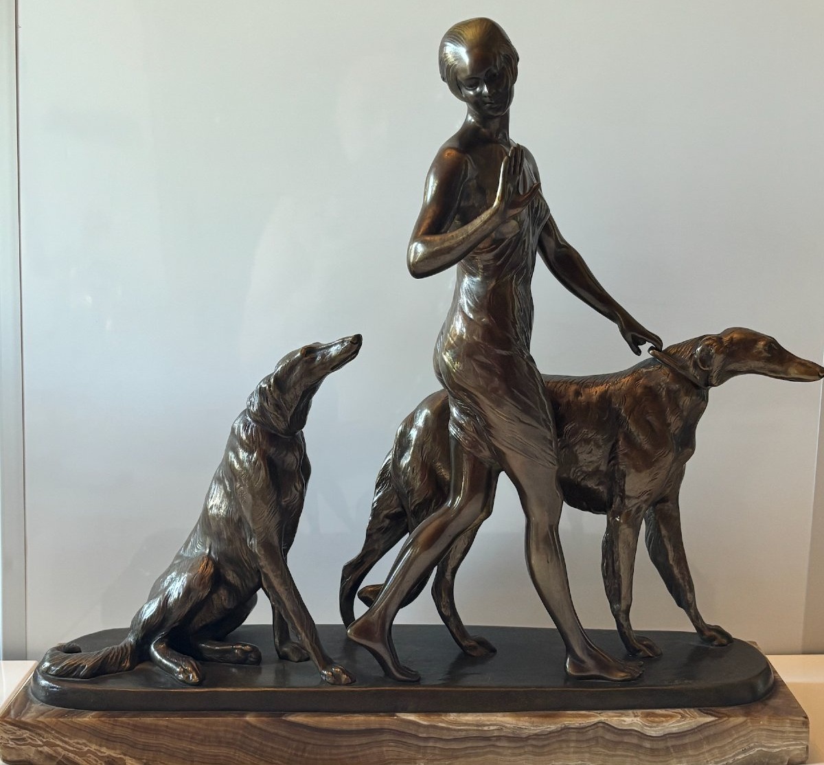 Riché, Louis (1877–1949) Art Deco Bronze Sculpture. Woman With Greyhounds. Signed-photo-3