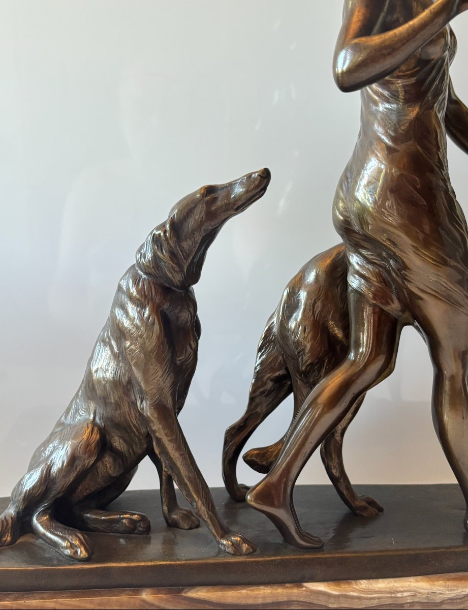 Riché, Louis (1877–1949) Art Deco Bronze Sculpture. Woman With Greyhounds. Signed-photo-4