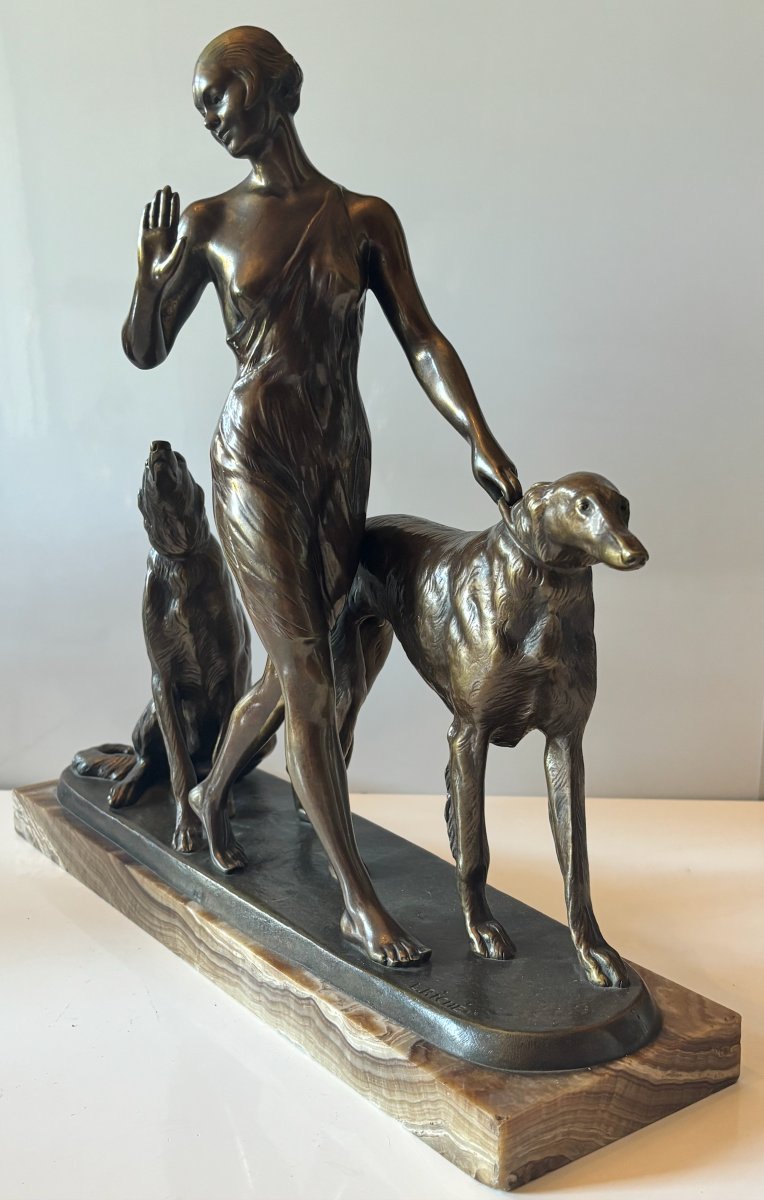 Riché, Louis (1877–1949) Art Deco Bronze Sculpture. Woman With Greyhounds. Signed-photo-2
