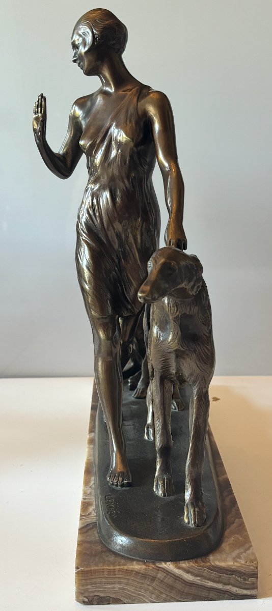 Riché, Louis (1877–1949) Art Deco Bronze Sculpture. Woman With Greyhounds. Signed-photo-3