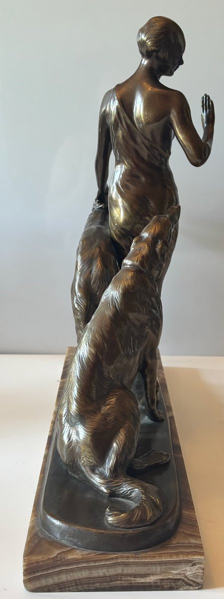 Riché, Louis (1877–1949) Art Deco Bronze Sculpture. Woman With Greyhounds. Signed-photo-4