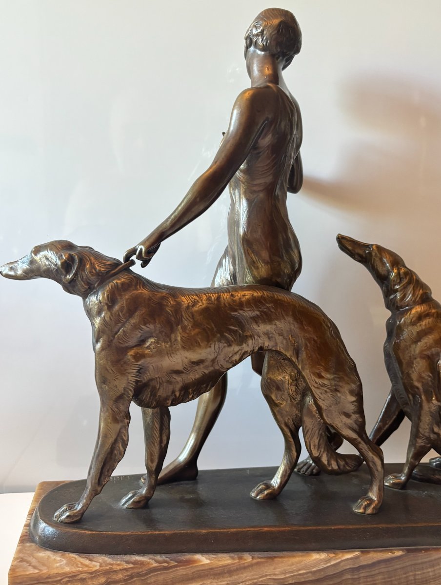 Riché, Louis (1877–1949) Art Deco Bronze Sculpture. Woman With Greyhounds. Signed-photo-5