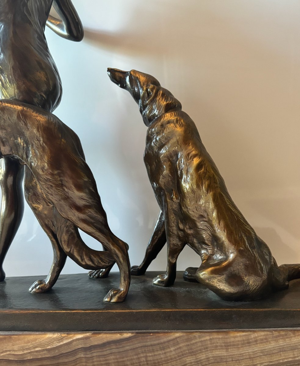 Riché, Louis (1877–1949) Art Deco Bronze Sculpture. Woman With Greyhounds. Signed-photo-6