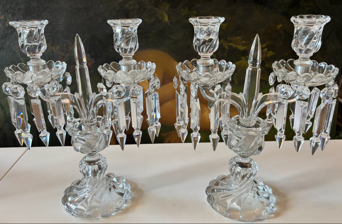 BACCARAT  Paire de chandeliers girandoles en cristal , Modèle Bambou Tors, estampillées-photo-3