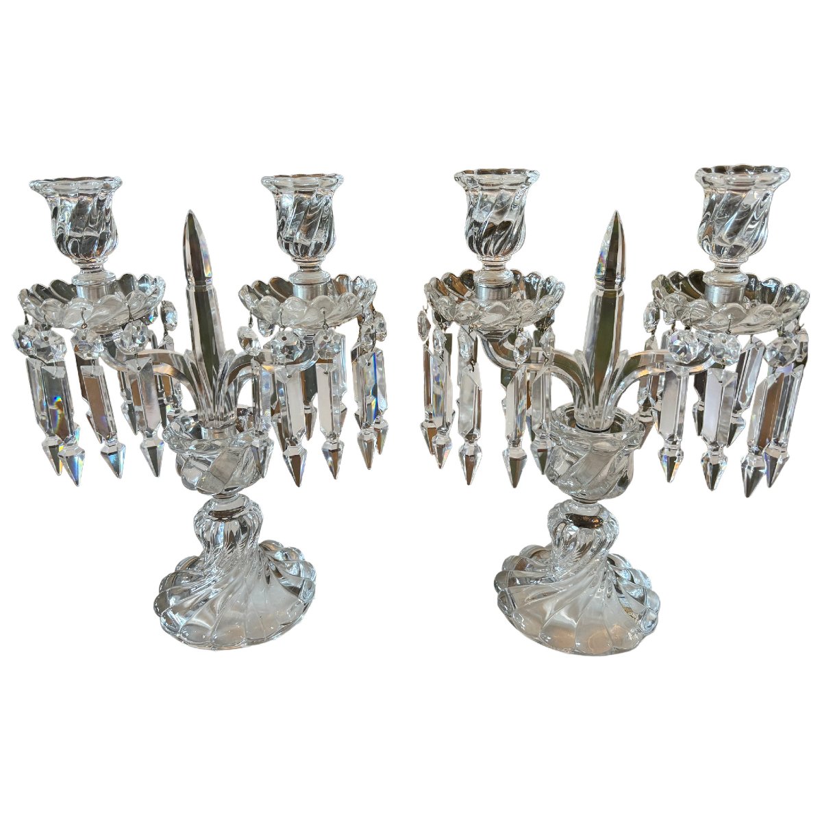 BACCARAT  Paire de chandeliers girandoles en cristal , Modèle Bambou Tors, estampillées