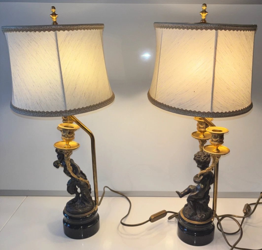 According To Clodion: Pair Of Louis XVI-style Lamps In Chiseled Bronze With Two Patinas-photo-2