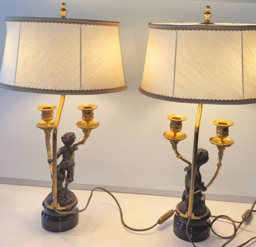 According To Clodion: Pair Of Louis XVI-style Lamps In Chiseled Bronze With Two Patinas-photo-1