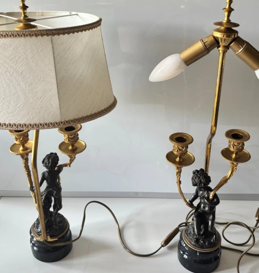According To Clodion: Pair Of Louis XVI-style Lamps In Chiseled Bronze With Two Patinas-photo-2