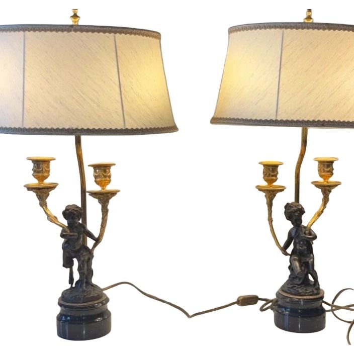 According To Clodion: Pair Of Louis XVI-style Lamps In Chiseled Bronze With Two Patinas