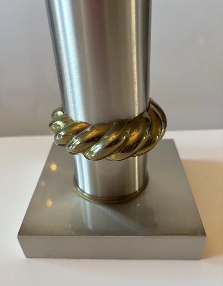 Maison Charles  "florence" Lamp In Brushed Silver-plated Brass And Gilded Bronze. Signed "charles"-photo-3