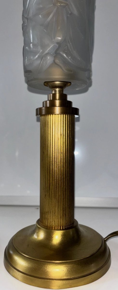 Costebelle Paris: Pair Of Art Deco Lamps Made Of Opalescent Molded Pressed Glass -photo-4