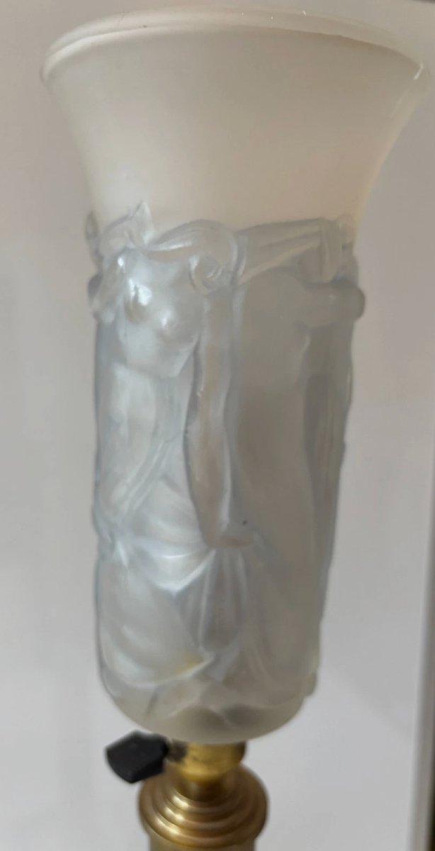 COSTEBELLE Paris   Importante lampe Art Déco en métal et verre pressé moulé opalescent Signé-photo-2