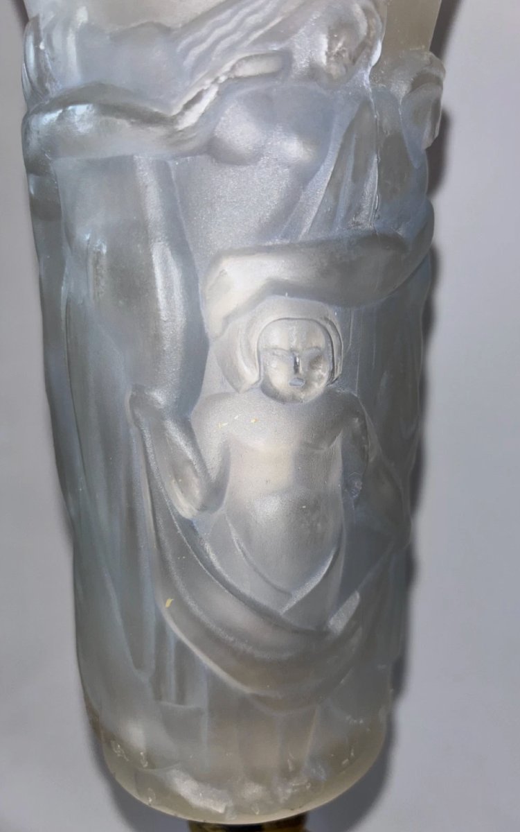 COSTEBELLE Paris   Importante lampe Art Déco en métal et verre pressé moulé opalescent Signé-photo-4