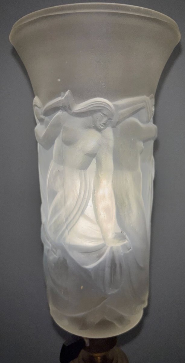COSTEBELLE Paris   Importante lampe Art Déco en métal et verre pressé moulé opalescent Signé-photo-6