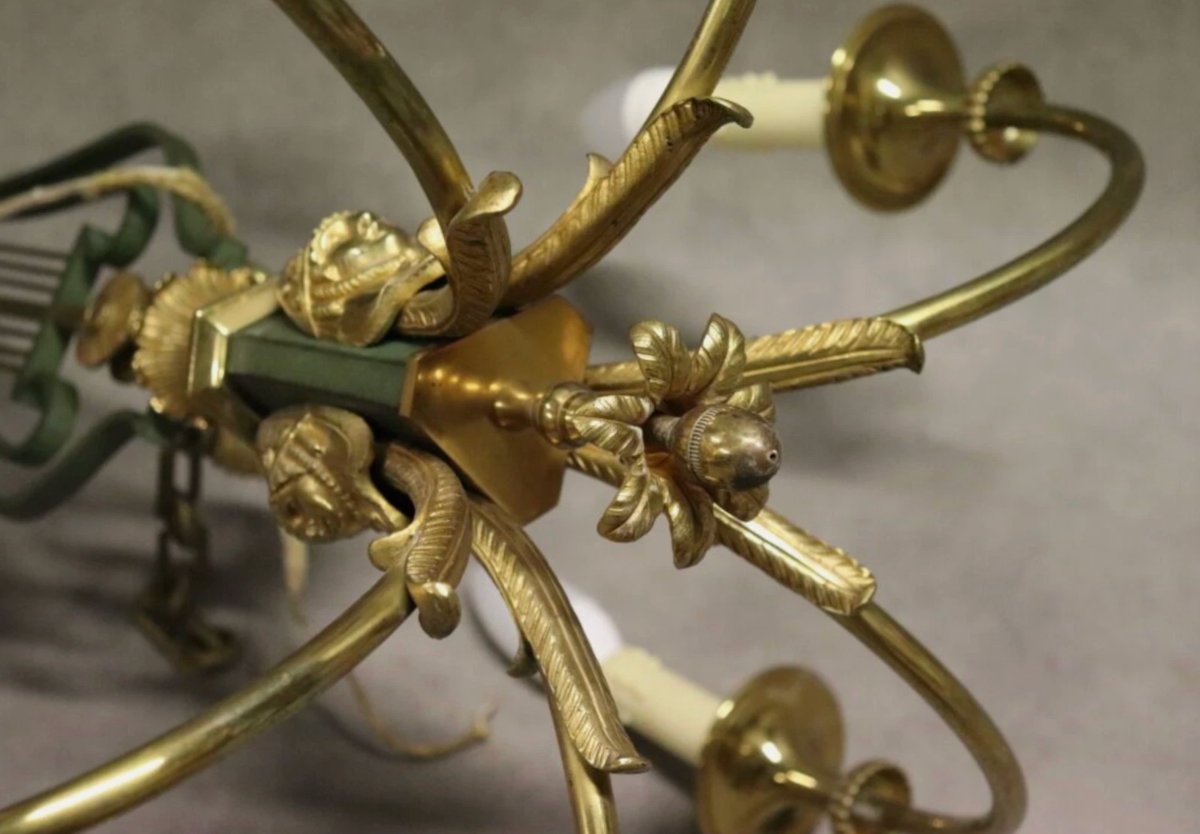 Maison TISSERANT Paris 1930 :  Lustre en bronze, en forme de Lyre et Cariatides-photo-3