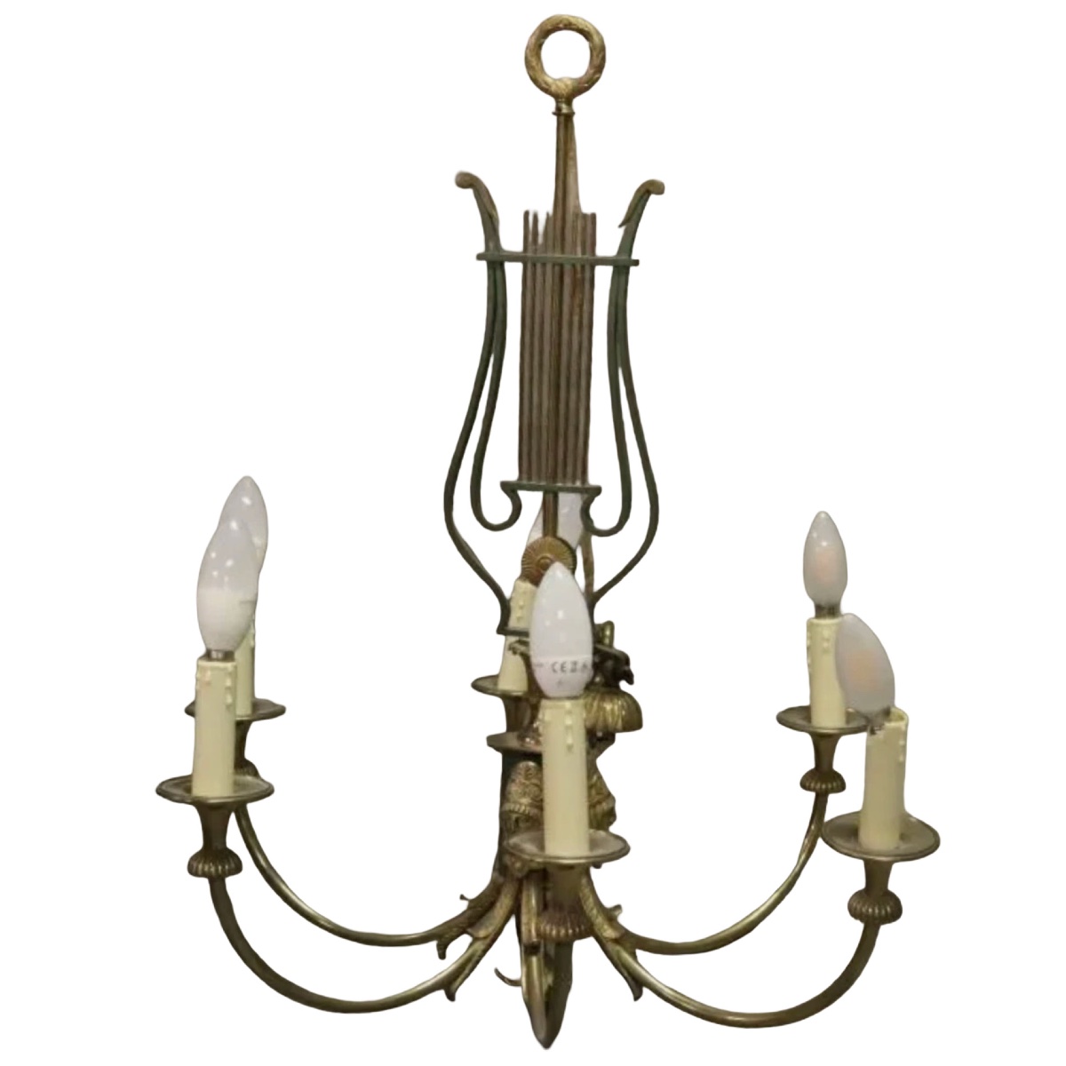 Maison TISSERANT Paris 1930 :  Lustre en bronze, en forme de Lyre et Cariatides
