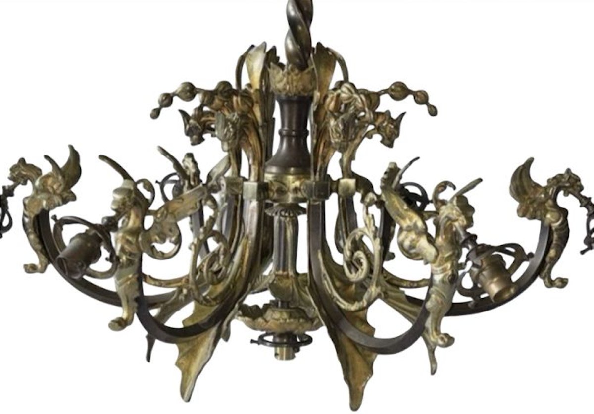 Art Deco Chandelier In Gilded Bronze With Griffin And Acanthus Leaf Motifs, 7 Lights-photo-4