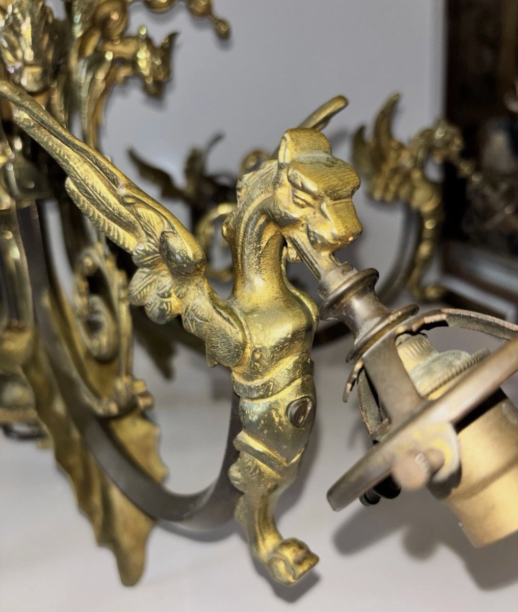 Art Deco Chandelier In Gilded Bronze With Griffin And Acanthus Leaf Motifs, 7 Lights-photo-1