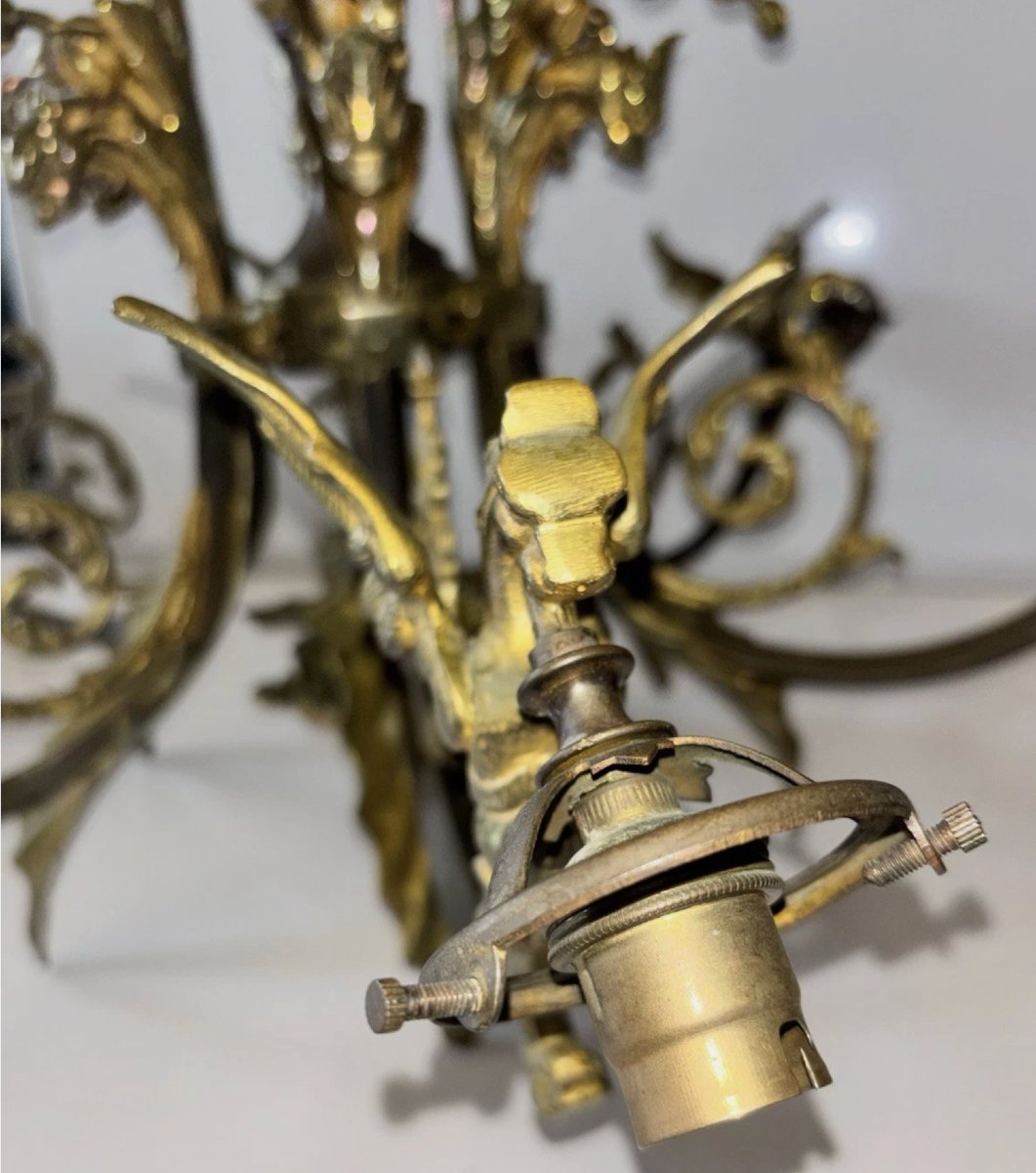 Art Deco Chandelier In Gilded Bronze With Griffin And Acanthus Leaf Motifs, 7 Lights-photo-2