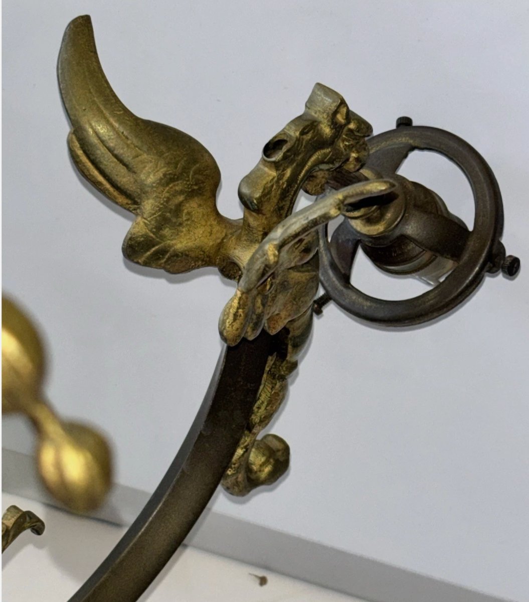 Art Deco Chandelier In Gilded Bronze With Griffin And Acanthus Leaf Motifs, 7 Lights-photo-4