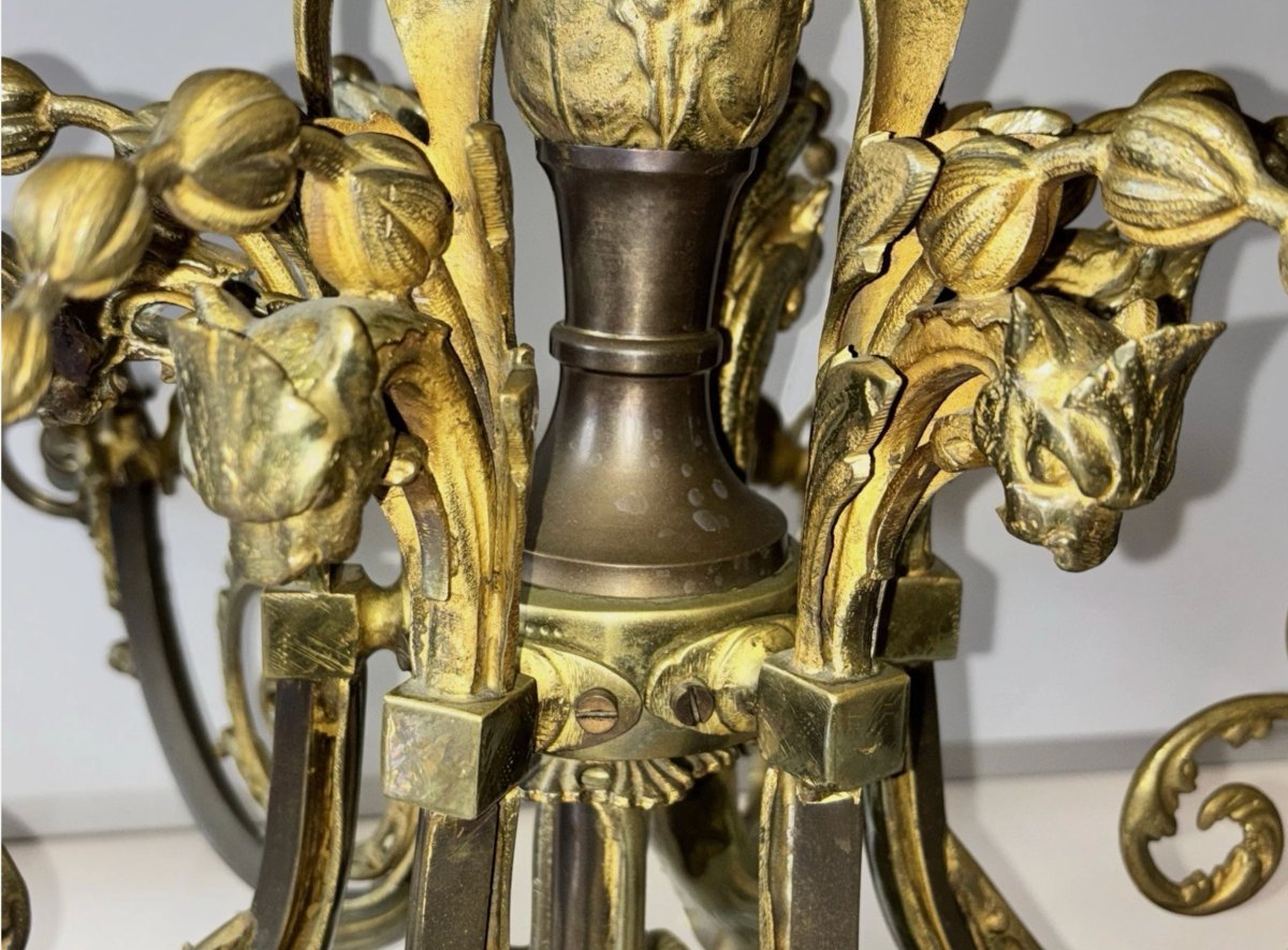 Art Deco Chandelier In Gilded Bronze With Griffin And Acanthus Leaf Motifs, 7 Lights-photo-6