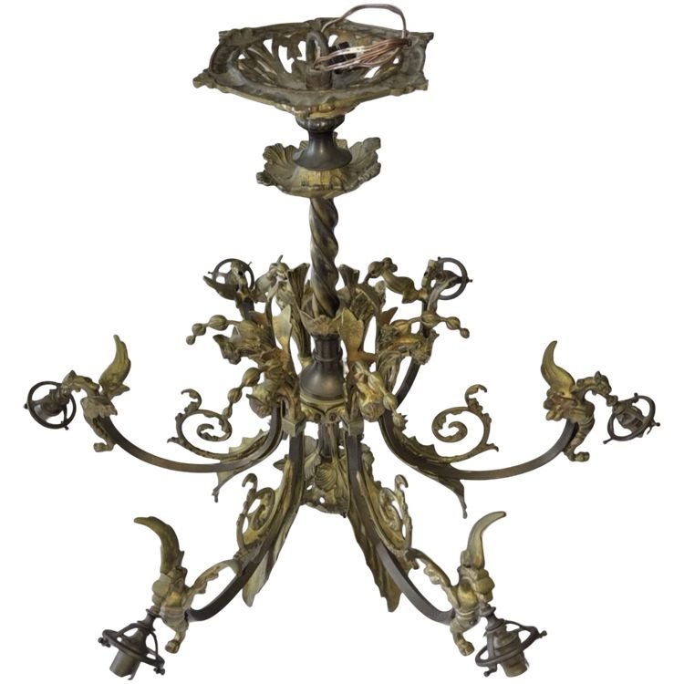 Art Deco Chandelier In Gilded Bronze With Griffin And Acanthus Leaf Motifs, 7 Lights