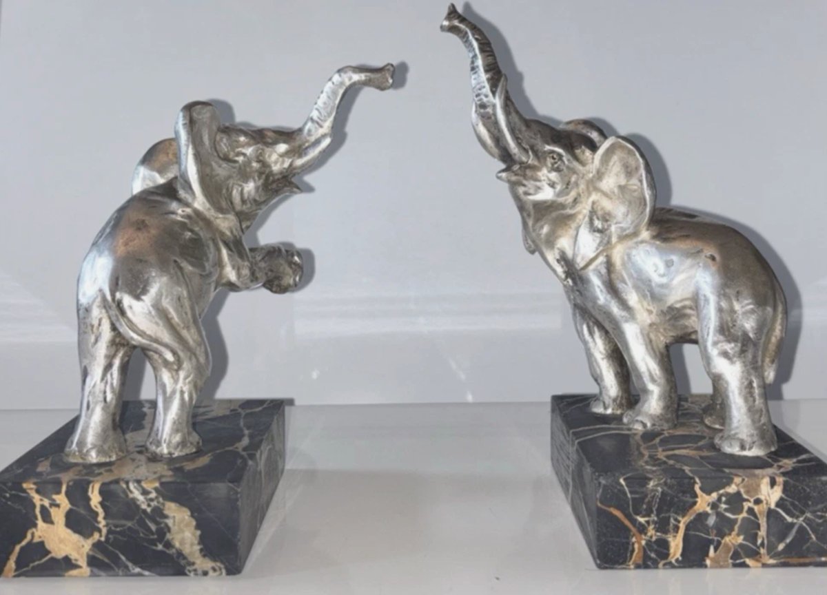 Louis FONTINELLE (1886-1964)  Serre-livres Art déco aux éléphants en bronze argenté  Signés-photo-4