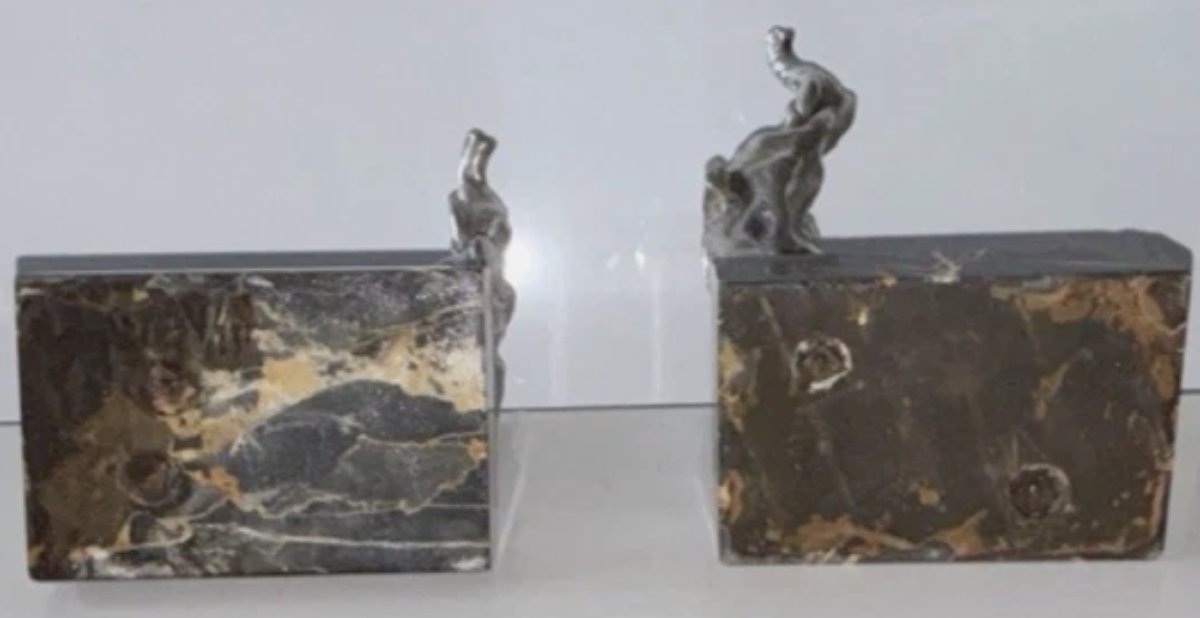 Louis FONTINELLE (1886-1964)  Serre-livres Art déco aux éléphants en bronze argenté  Signés-photo-3