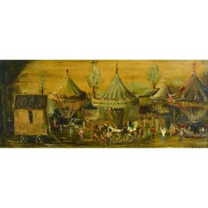 Bizet Jean (1922-2015) The Fairground - Oil On Panel Signed Lower Right