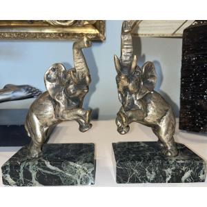 Louis Fontinelle (1886-1964) Pair Of Bookends With Elephants In Bronze On Marble Signed