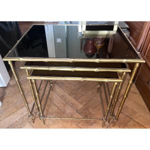 Maison Bagues Nesting Table In Golden Brass With Bamboo And Rope Decor, Mirror Trays