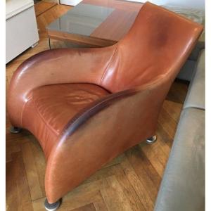 VAN DEN BERG & MONTIS    Fauteuil Loge, Lounge Chair Vintage En Cuir Patiné 