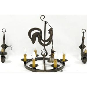 Artisans De Marolles Rooster Wrought Iron Chandelier And Sconces Set