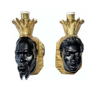 Maison Bagues Pair Of Bronze Sconces With Double Patina "nubians"