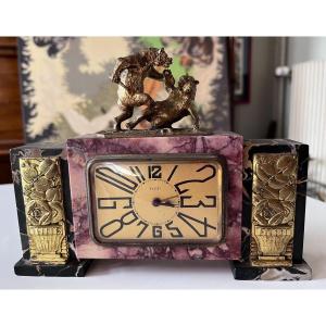 Fratin (1801-1864) & Dep Art Deco Clock In Bronze And Marble Bear Fight With Dagger