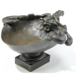 Auguste Delafontaine (1813-1892), Bronze Cup, Snakes And Gargoyles Signed Ad