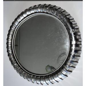 FITTERMAN Paris.   Miroir Rond En Métal Argenté    Circa 1970   Diamètre 45cm    Signé