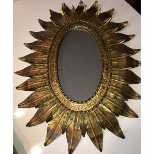 Sun Mirror In Golden Metal Decorated With 2 Rows Of Slightly Curled Leaves Chaty Style 