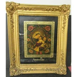 Large Fixed Under Religious Glass "virgin Mary" Framed In Golden Stucco 58x48 Cm