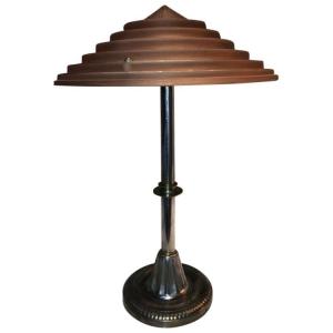 LELEU Georges   Lampe Art Déco En Métal Argenté & Verre Satiné à Décor De Gradins   Signée 