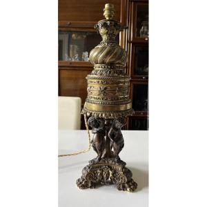 Nap III Period Lamp Base In Chiseled Bronze And Brass, Decorated With Three Putti Musicians