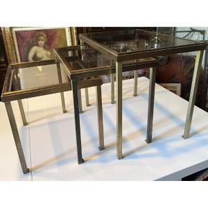 Maison Ramsay Nesting Tables In Golden And Brushed Brass And Smoked Glass