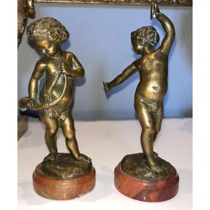Clodion (1738-1814) Couple Of Musicians In Bronze On Marble Signed On The Base