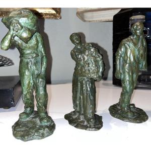 GUERO (XXème)   Ensemble De 3 Sculptures En Bronze à Patine Verte    Signées