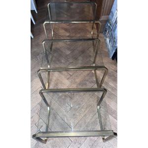 Romeo Rega (attributed To) Nesting Tables In Brass Or Gilt Bronze And Glazed Tops