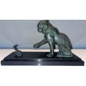 Irenée Rochard 1906-1984 Panther And Snake Group In Regulated Green Art Deco Length 37 Signed